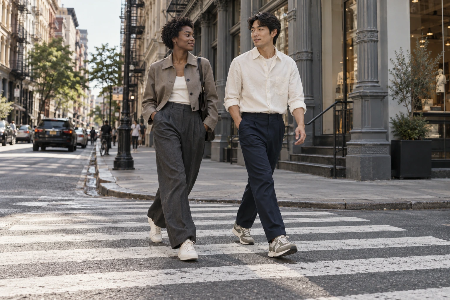 Two models wearing original contemporary sneakers on a sunlit New York crosswalk